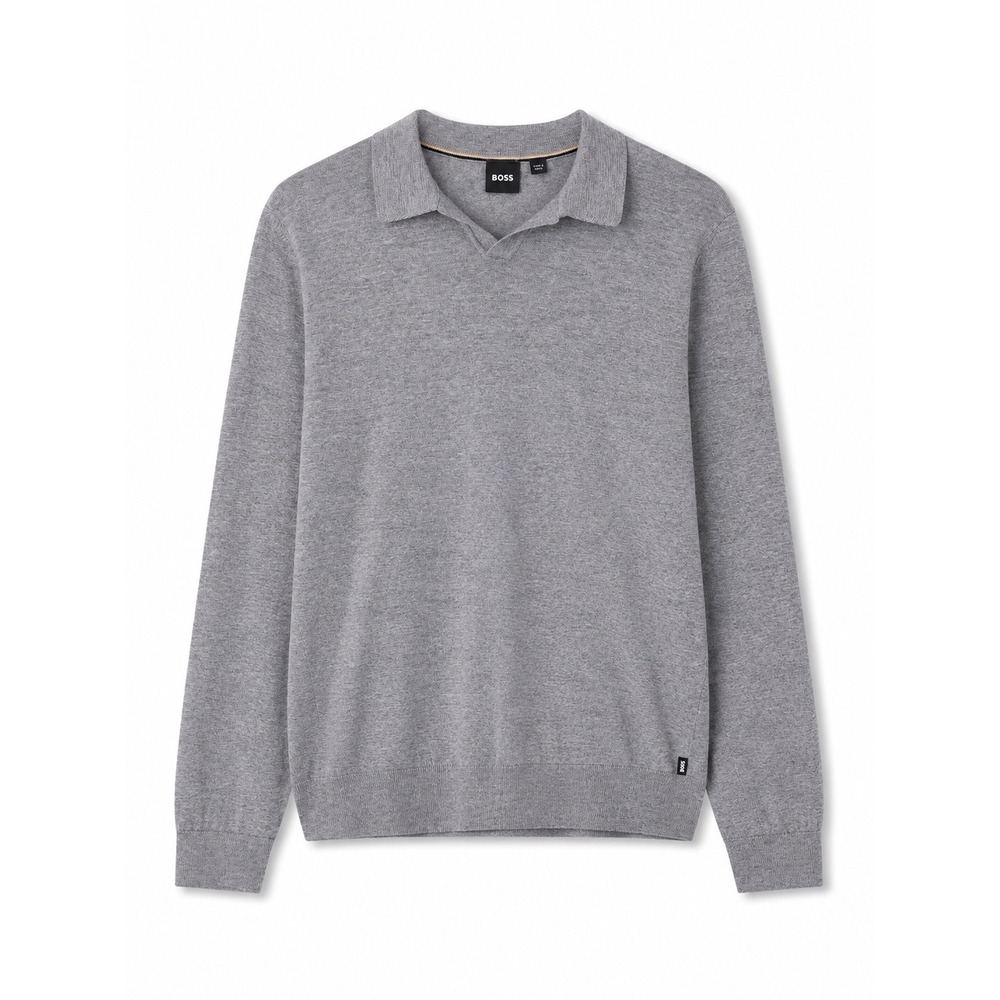 BOSS Hugo Boss Gray Long Sleeve Knit Polo Sweater Large 100% Virgin Wool Soft